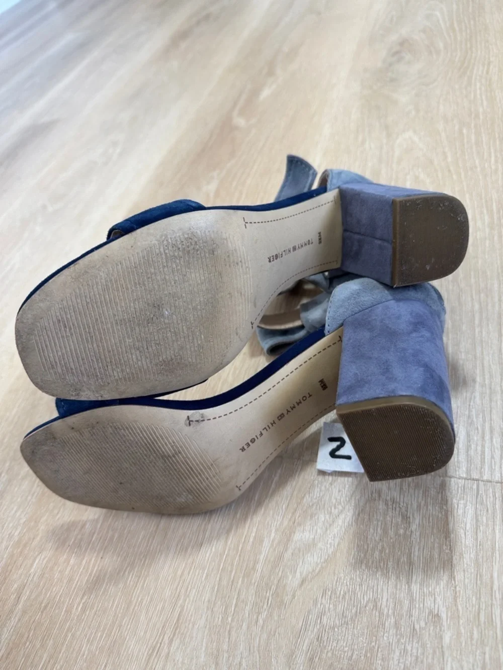 Tommy Hilfiger Navy Blue Suede Heels with Light Gray Bow Ankle Straps